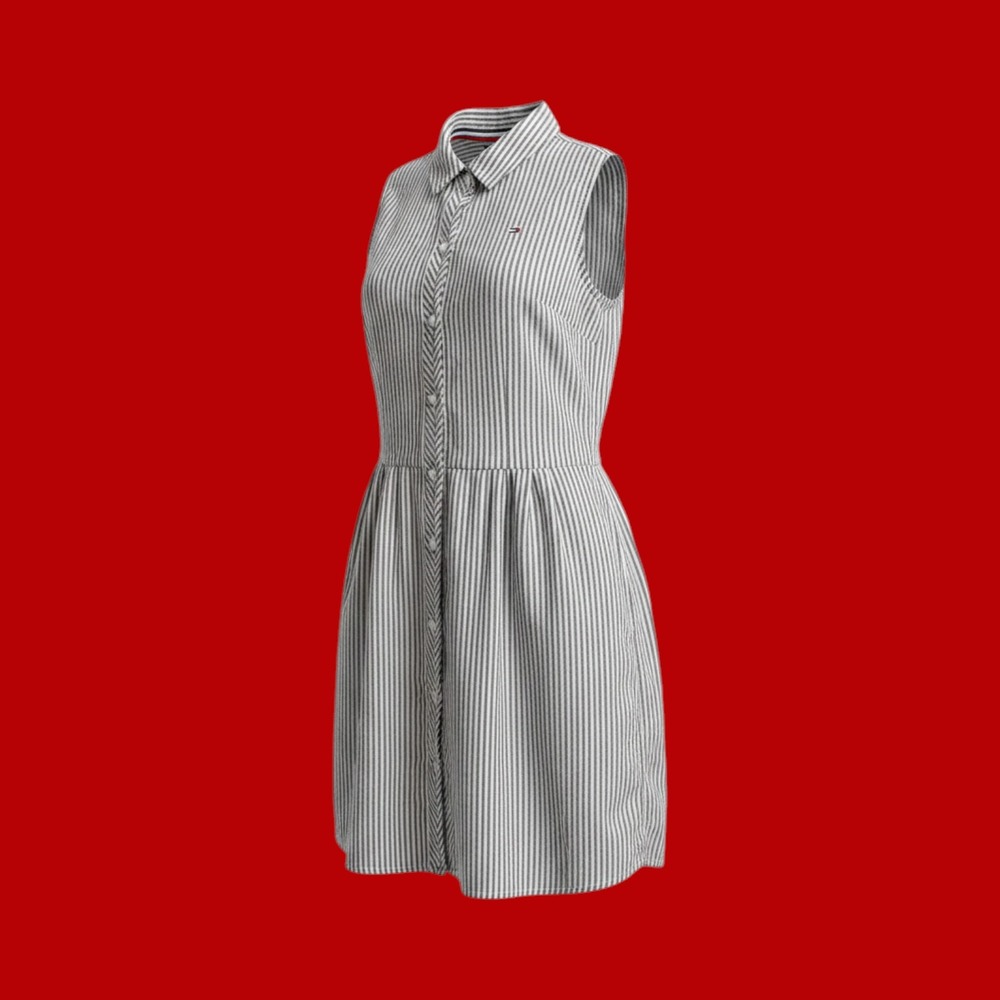 Tommy Hilfiger Womens Gray White Striped Sleeveless Button Down Shirt Dress M